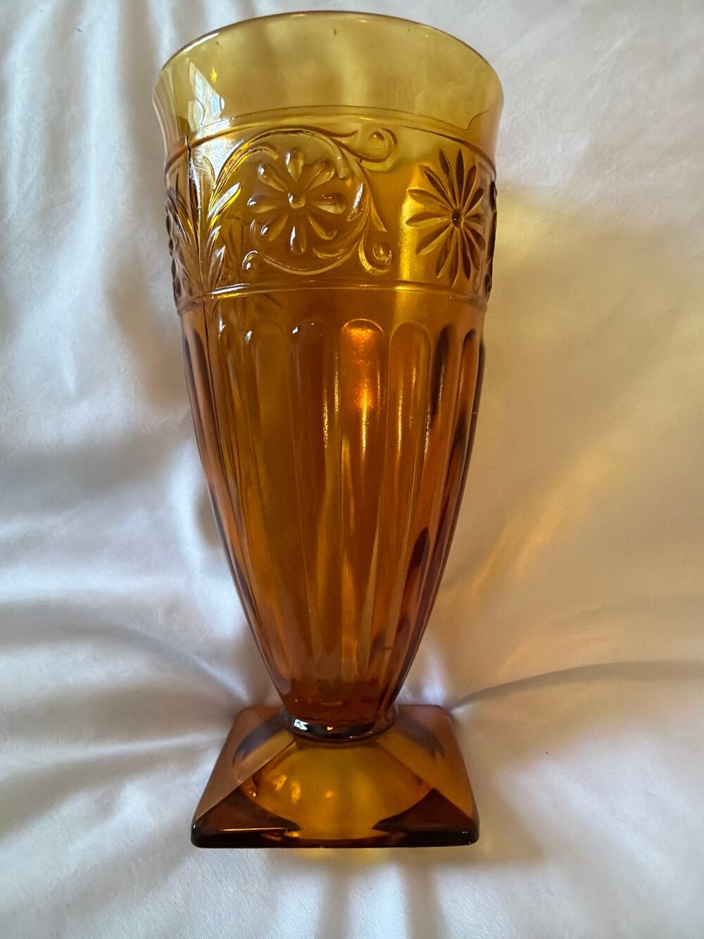 Vintage Amber Pressed Glass Bud Vase Floral Ribbed Square Base Art Deco 8"